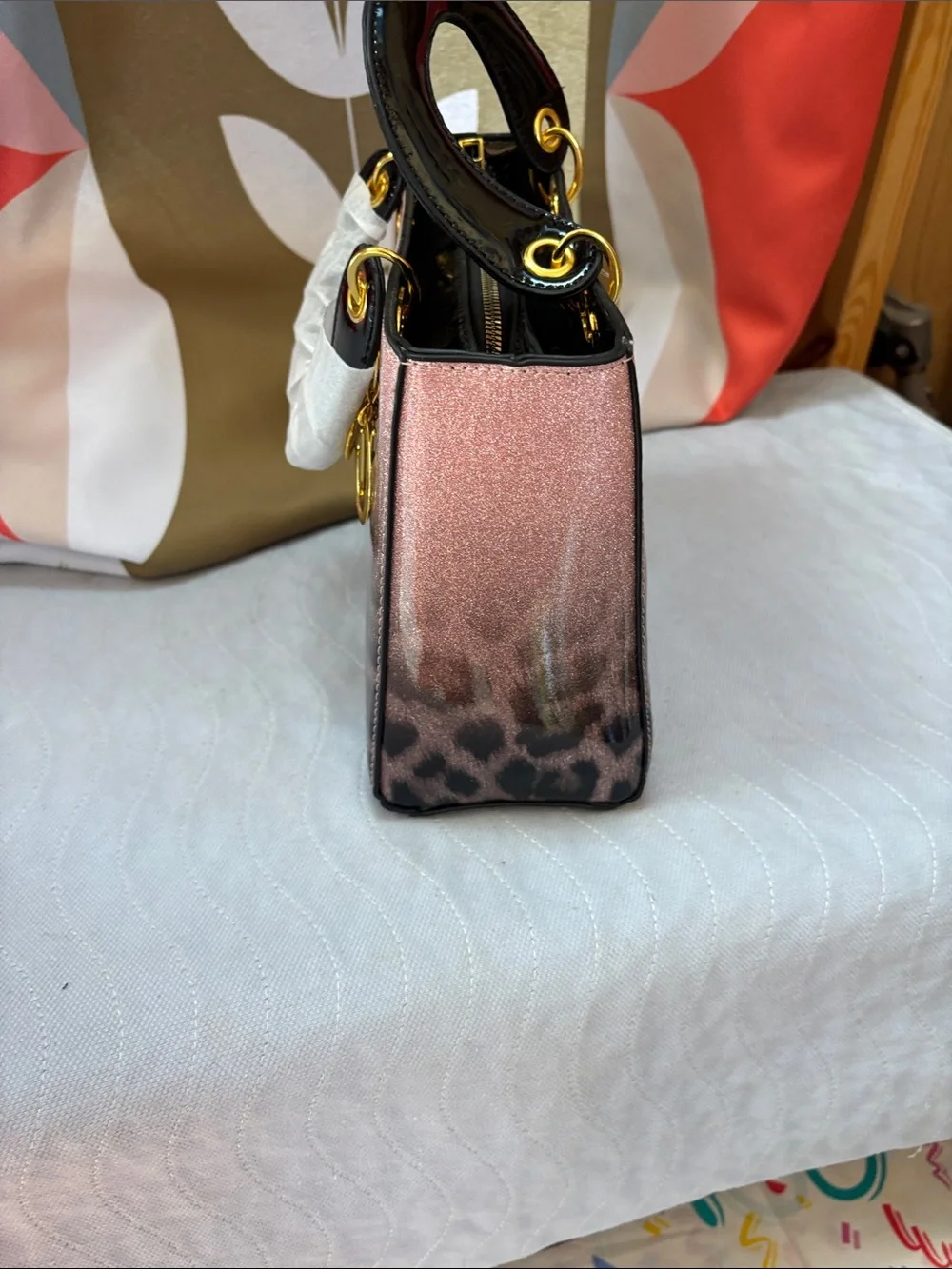 Leopard-Print Patent Satchel in Rose Brown with Black Trim